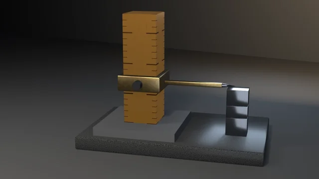 A copper height-gauge column engraved with graduations on a granite surface plate, its brass scriber carriage reaching out to touch a stack of steel gauge blocks.