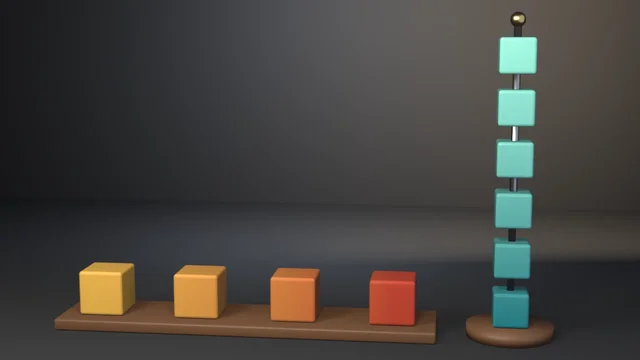 Four chamfered blocks graded amber to red, evenly spaced on a walnut plinth by a Repeat zone, beside six teal-to-mint blocks threaded on a steel spindle by a For Each zone.