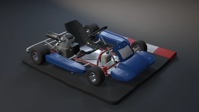 Blue go-kart on a patch of track asphalt before a red and white kerb: moulded nose, side pods and a front panel with a white plate, red tube chassis, black seat, finned engine.