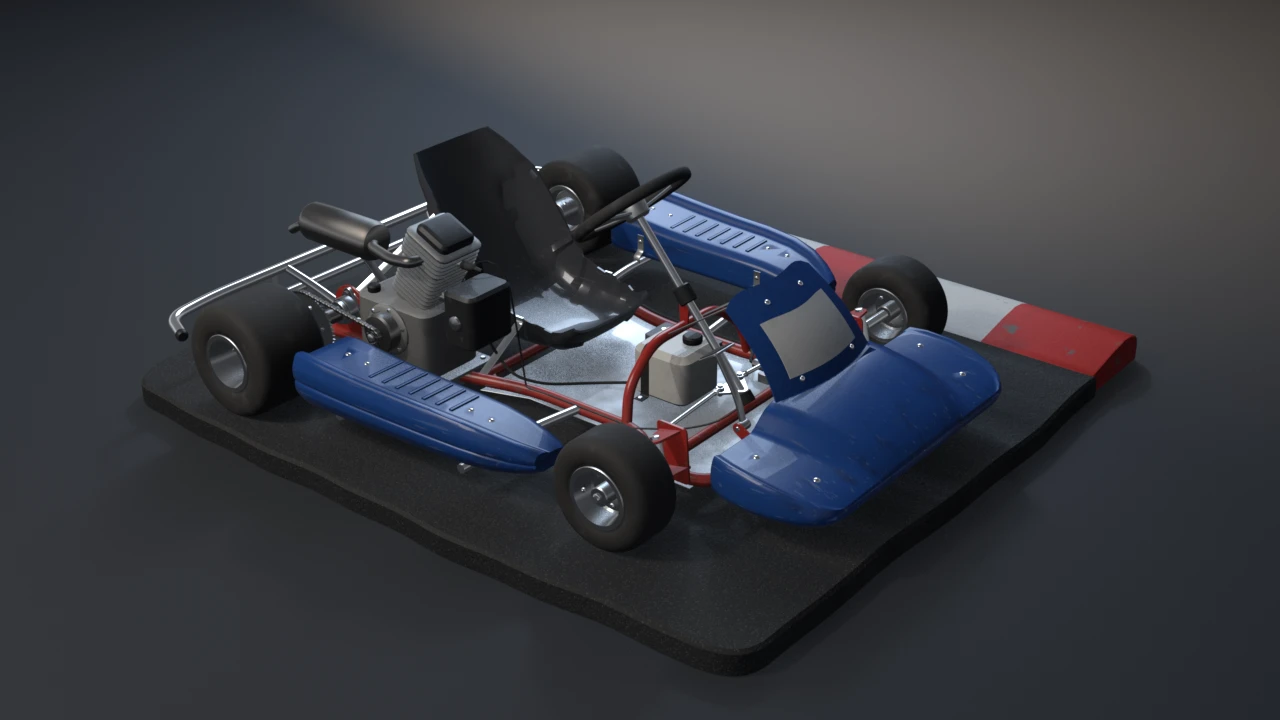 Blue go-kart on a patch of track asphalt before a red and white kerb: moulded nose, side pods and a front panel with a white plate, red tube chassis, black seat, finned engine.