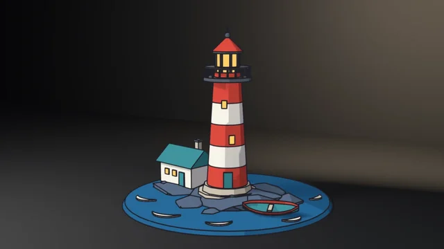 A red-and-white lighthouse on a rocky islet with a keeper's cottage and a rowboat, on a round blue sea with white wave crests, drawn like a comic panel in bold black Line Art ink.