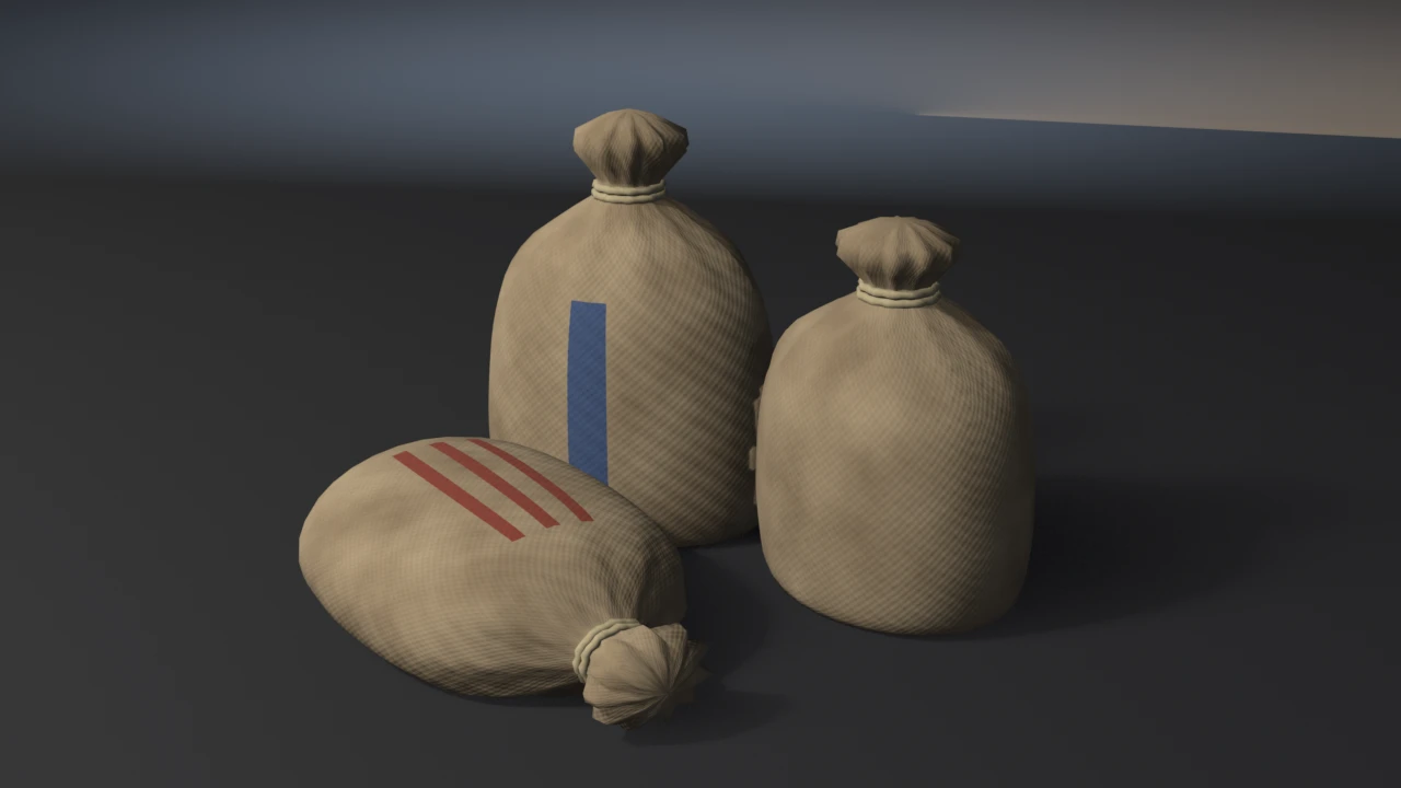 Three burlap grain sacks tied at the neck with twine, two standing and one lying in front, with a blue stripe on one and red stripes on the other.