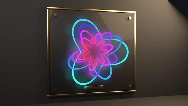 A neon rosette sign: five nested Grease Pencil rose loops, cyan through magenta to red, glowing a few centimetres proud of a black lacquer board in a brass frame on a dark wall.