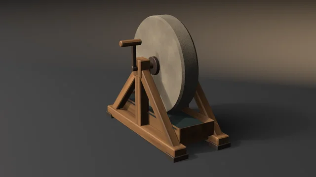 A sandstone grindstone wheel dipping into a water-filled trough, turning in a chamfered timber A-frame with its iron crank toward the viewer, the sills capped by iron shoes.