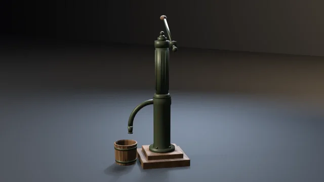 A green-enamelled cast-iron village pump with a fluted barrel, ball finial and counterweighted handle on a wooden plinth, a hooped bucket under its spout.
