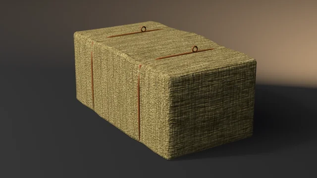 A golden hay bale of packed flakes, its stems and flake seams showing on the flank and a stem mat on the end, bound by two orange twine cords with a small knot loop standing on each.