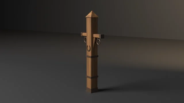 A tall wooden hitching post with a pointed cap, a cross-rail on two knee braces with iron end caps and two hung rings, iron bands, and a horseshoe nailed to its face.