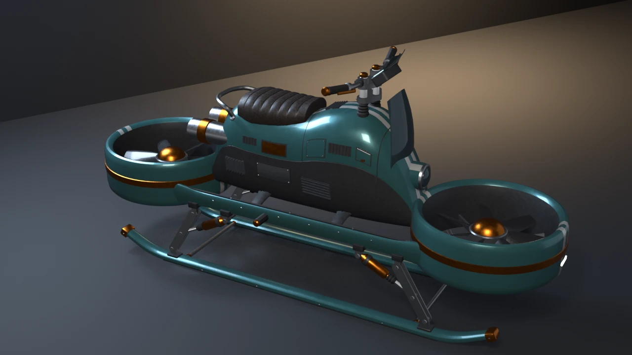 A muted-teal hover bike with panelled flanks, a stitched saddle and two ducted fans, standing on pinned landing gear with orange shock absorbers and teal skis on a dark studio floor.
