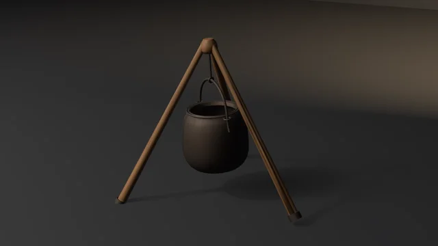 A round-bellied black iron cauldron hanging by its bail from a tripod of wooden poles.