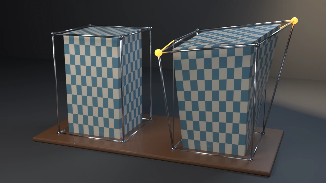 Two checker-glazed columns on a walnut plinth, each in a steel-rod cage: the left upright in its rest cage, the right sheared and tapered where two orange cage corners have been pulled out.