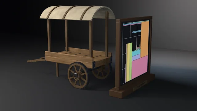 A covered wooden cart on spoked wheels with draw shafts, beside a walnut-framed slate display showing its packed lightmap UV atlas as coloured islands on a quarter grid.