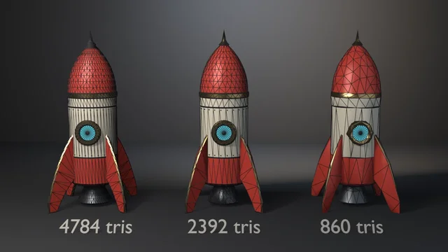 Three identical cream-and-red retro rockets with brass trim and a porthole, each covered in a dark triangle wireframe that grows coarser left to right, labelled 4784, 2392 and 860 tris.
