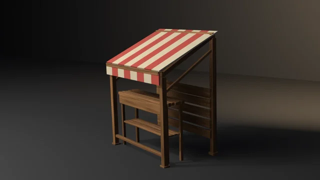 A grained timber market stall with diagonal side braces, a red and cream striped canvas awning and a counter with shelves.
