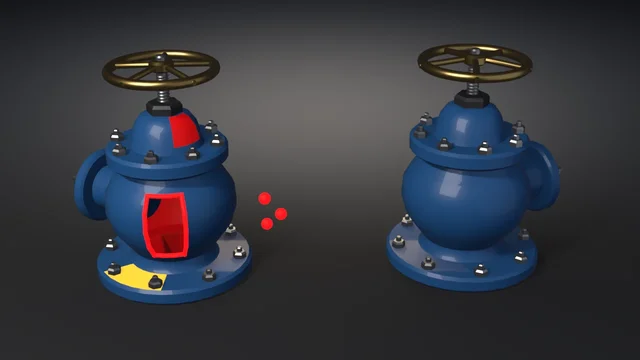 Two blue street valves with brass handwheels: the left has a red-outlined hole, a red bonnet patch, an amber flange patch and three red beads beside it; the right is intact.