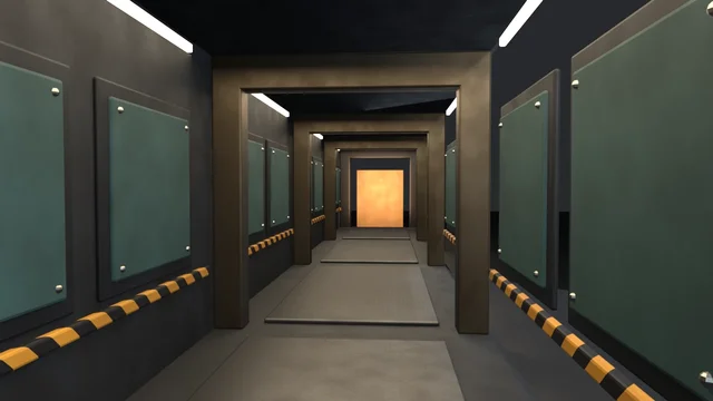 A sci-fi corridor built from snapped modular segments, with painted teal wall panels, diamond-plate walkways, hazard-striped trim rails and a lit doorway at the far end.