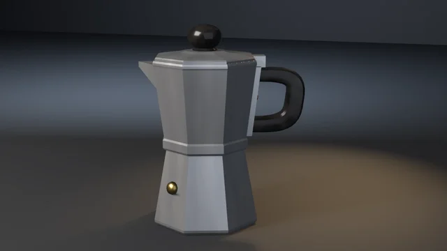 An eight-sided aluminium moka pot pinched to an hourglass waist with a proud grip band, a V-beak spout, a black bakelite knob and D handle, and a brass valve.