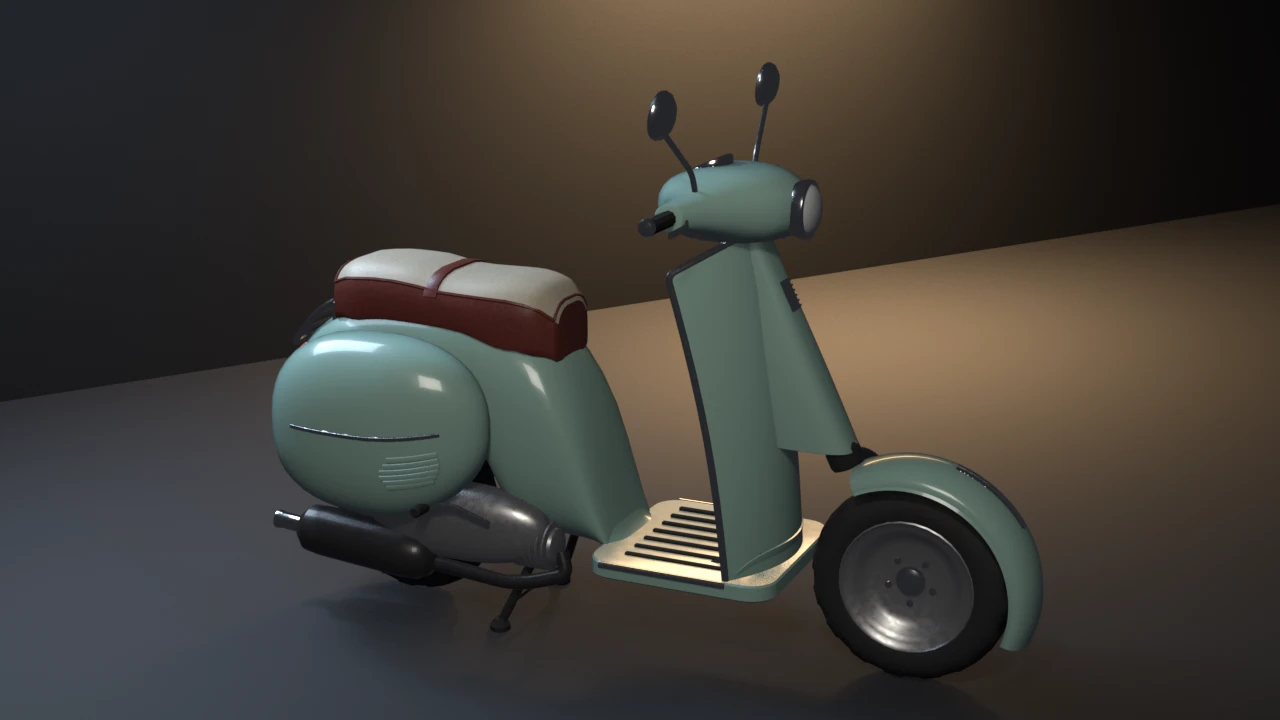 A pastel sea-green 1960s scooter on its centre stand: cream and oxblood saddle, louvred side cowl, curved chrome-rimmed leg shield, split-rim front wheel, black silencer.