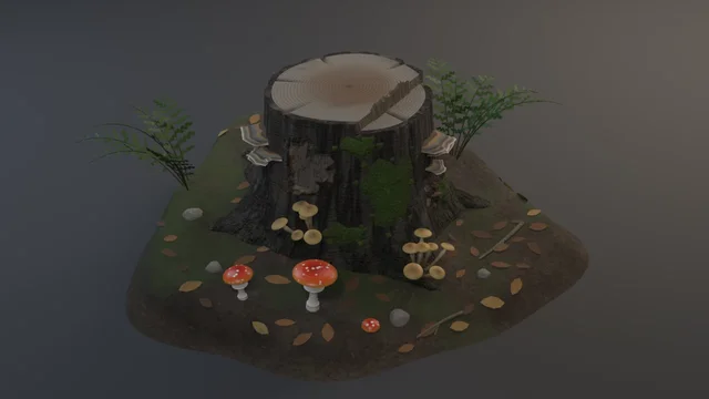 A sawn tree stump with a stepped felling cut and torn hinge fibres, peeled bark, moss, shelf fungi, honey mushrooms, red fly agarics, ferns and fallen leaves on soil.