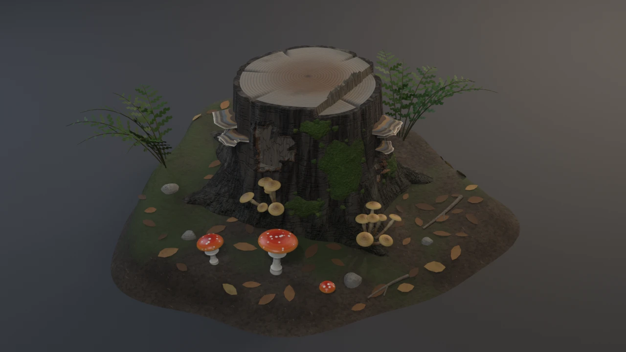 A sawn tree stump with a stepped felling cut and torn hinge fibres, peeled bark, moss, shelf fungi, honey mushrooms, red fly agarics, ferns and fallen leaves on soil.