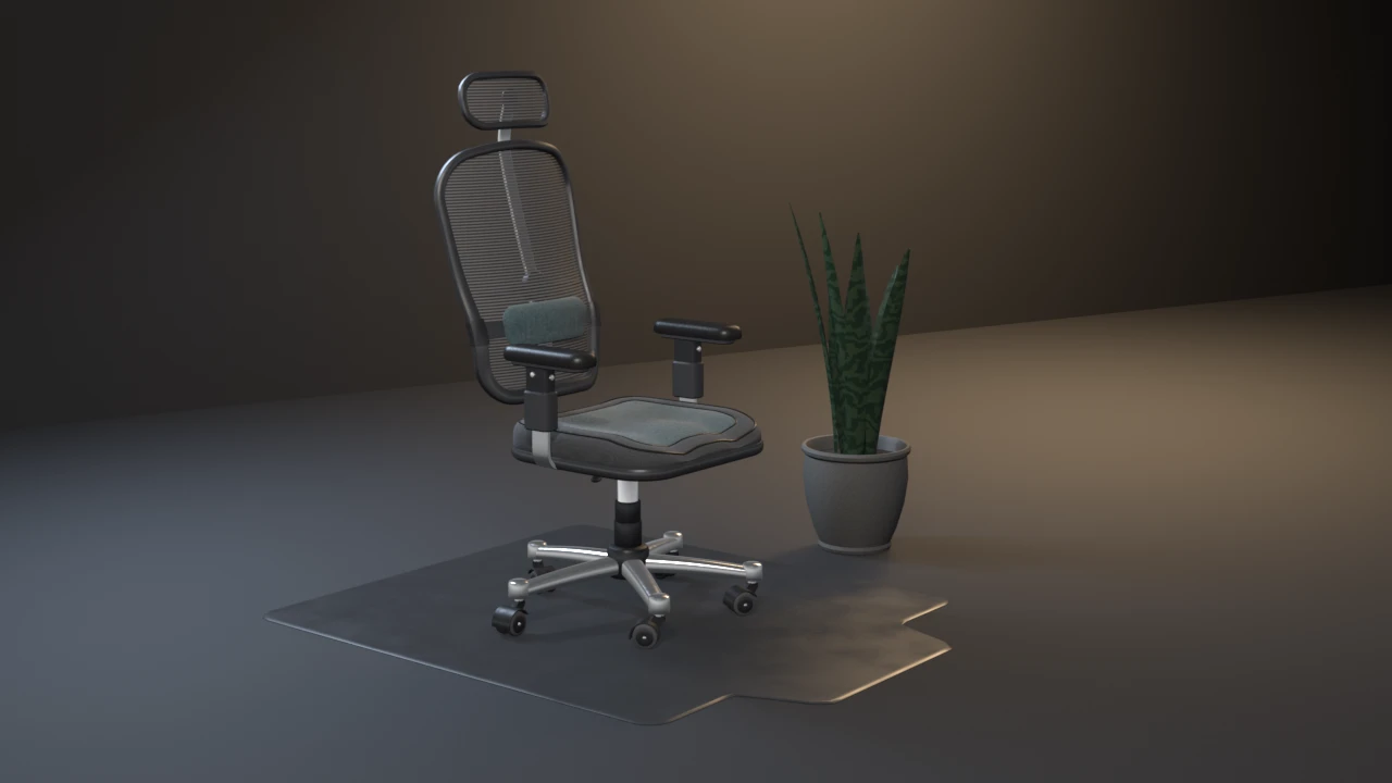 A graphite mesh-back office chair with a muted-teal two-tone seat, mesh headrest and polished five-star base, on a smoked chair mat beside a snake plant in a stone planter.
