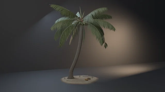 A coconut palm leaning on a raised disc of beach sand: a ringed, curving trunk, a crown of drooping pinnate fronds over green coconuts, and fallen coconuts, a frond, driftwood and grass below.