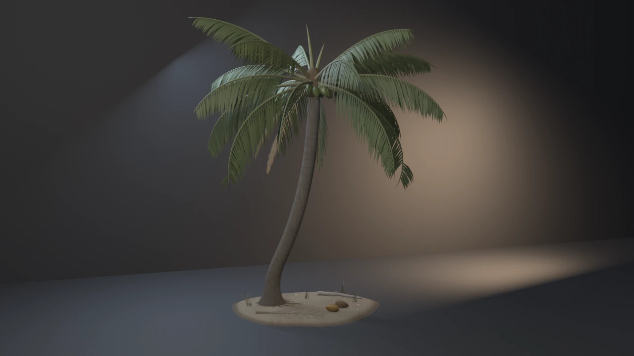 A coconut palm leaning on a raised disc of beach sand: a ringed, curving trunk, a crown of drooping pinnate fronds over green coconuts, and fallen coconuts, a frond, driftwood and grass below.