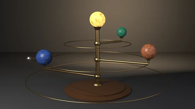 A brass orrery on a turned walnut base: a glowing gold sun atop the column, mottled blue, green and orange planets on riser posts, orbit rings beneath them, and a silver moon.