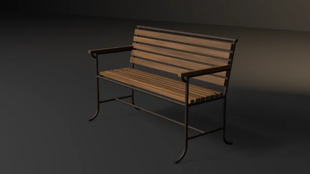 A park bench of grained wooden slats with a reclined back, on a dark wrought-iron frame whose round-bar legs curl into scrolled feet, with armrests on curved brackets.
