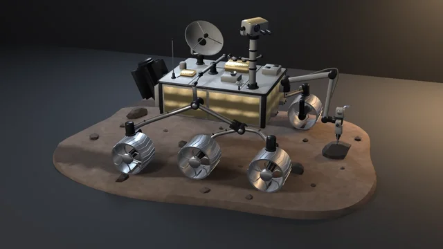 A six-wheeled rocker-bogie rover with gold-foil sides, a camera mast, a dish antenna and a finned power unit, its arm drilling a boulder on red-grey regolith.