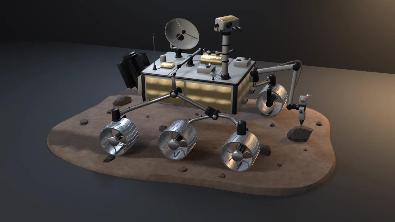 A six-wheeled rocker-bogie rover with gold-foil sides, a camera mast, a dish antenna and a finned power unit, its arm drilling a boulder on red-grey regolith.