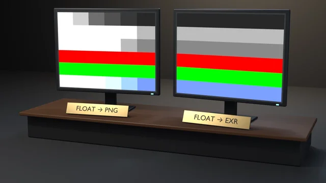 Two thin-bezel monitors on a walnut console with brass desk plates reading FLOAT to PNG and FLOAT to EXR; the PNG screen washes its dark rows to white while the EXR screen keeps every bar.