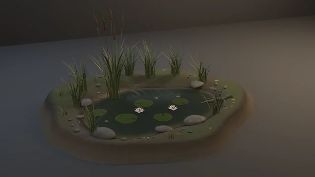 A dark rippled pond on a raised soil disc: cattails with brown seed heads and rush tufts on the far bank, notched lily pads and two pink-white water lilies, wet stones and a branch at the waterline.
