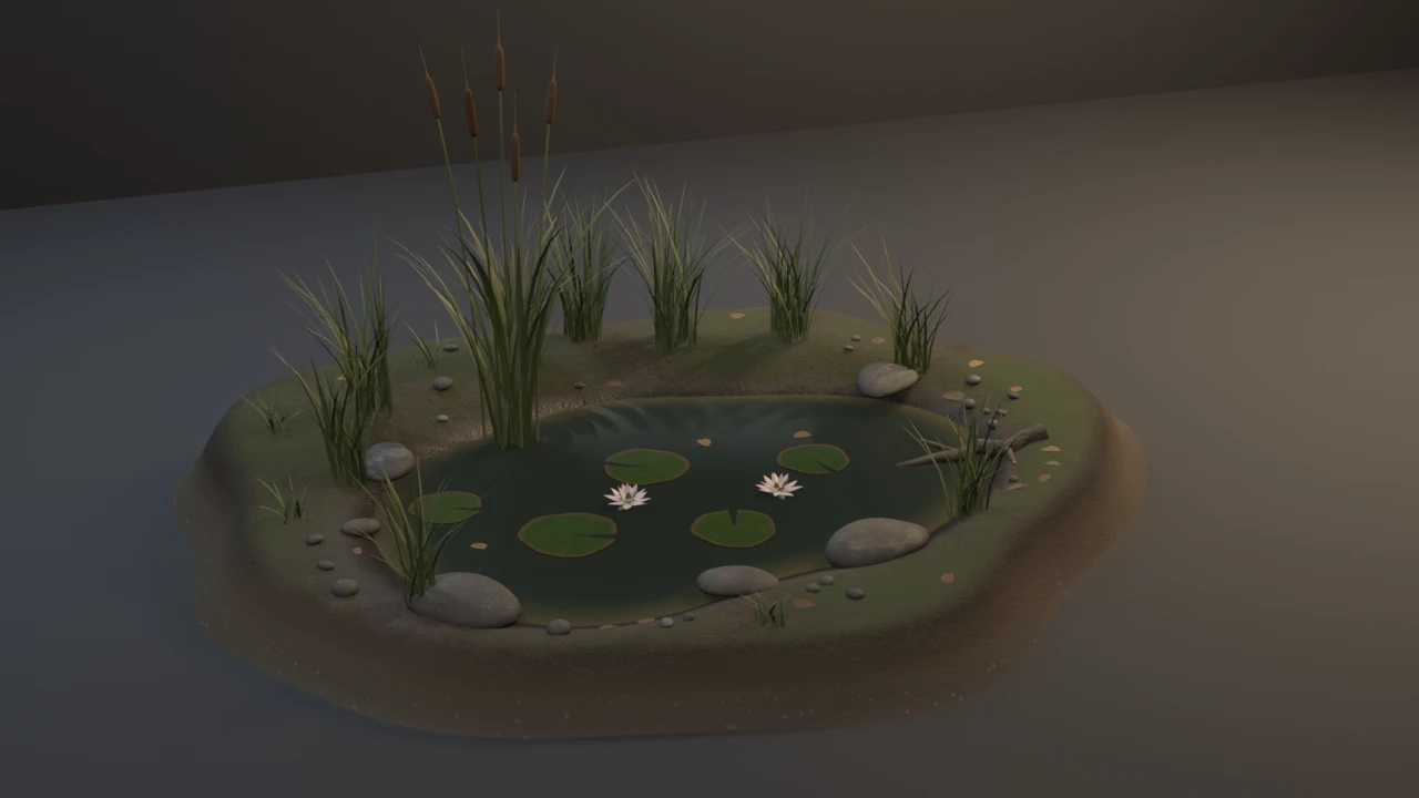 A dark rippled pond on a raised soil disc: cattails with brown seed heads and rush tufts on the far bank, notched lily pads and two pink-white water lilies, wet stones and a branch at the waterline.