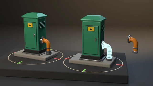 Two green street utility pedestals in floor pivot rings: the left one keeps its orange conduit elbow bolted on, the right one's elbow hangs in the air beside a glowing cyan outline of its seat.