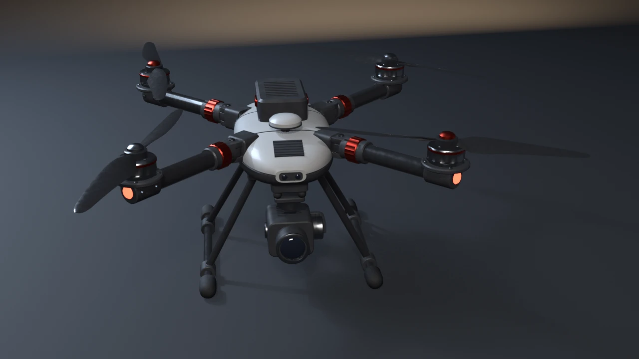 A white-and-graphite camera drone seen from above on a dark studio floor: four carbon arms with red lock rings, two-blade props on slotted motors, skids, and a gimbal camera under the nose.
