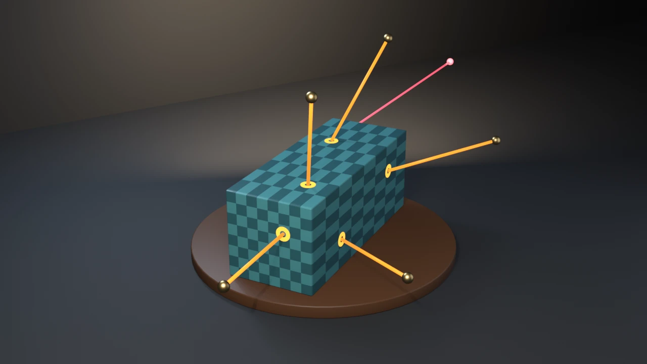 A teal-checkered block turned and stretched on a walnut plinth, five orange rays from brass balls ending in orange rings on three faces, and one red ray striking it from elsewhere.