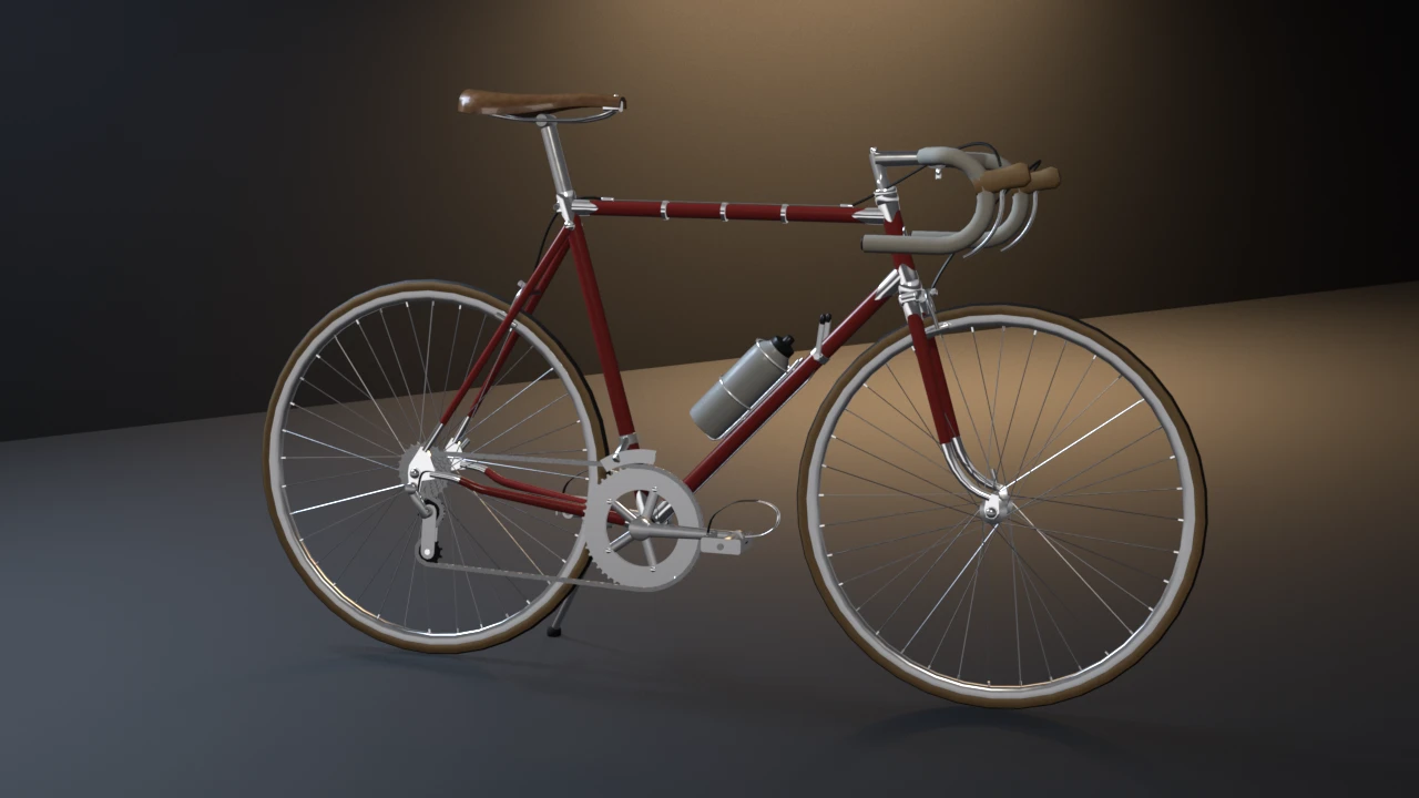 A deep red lugged-steel road bicycle leaning on its kickstand: chromed lugs and fork socks, tan-wall 700c wheels, a honey leather saddle, cream-taped drop bars and a chain over a double crankset.