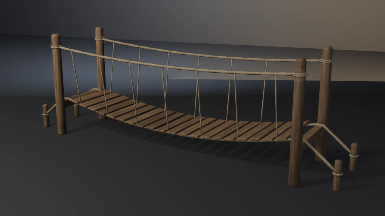 A wooden rope bridge whose plank deck sags between two pairs of log posts, with hemp hand ropes lashed to the posts, vertical ropes tying rail to deck, and foot ropes run back to ground stakes.