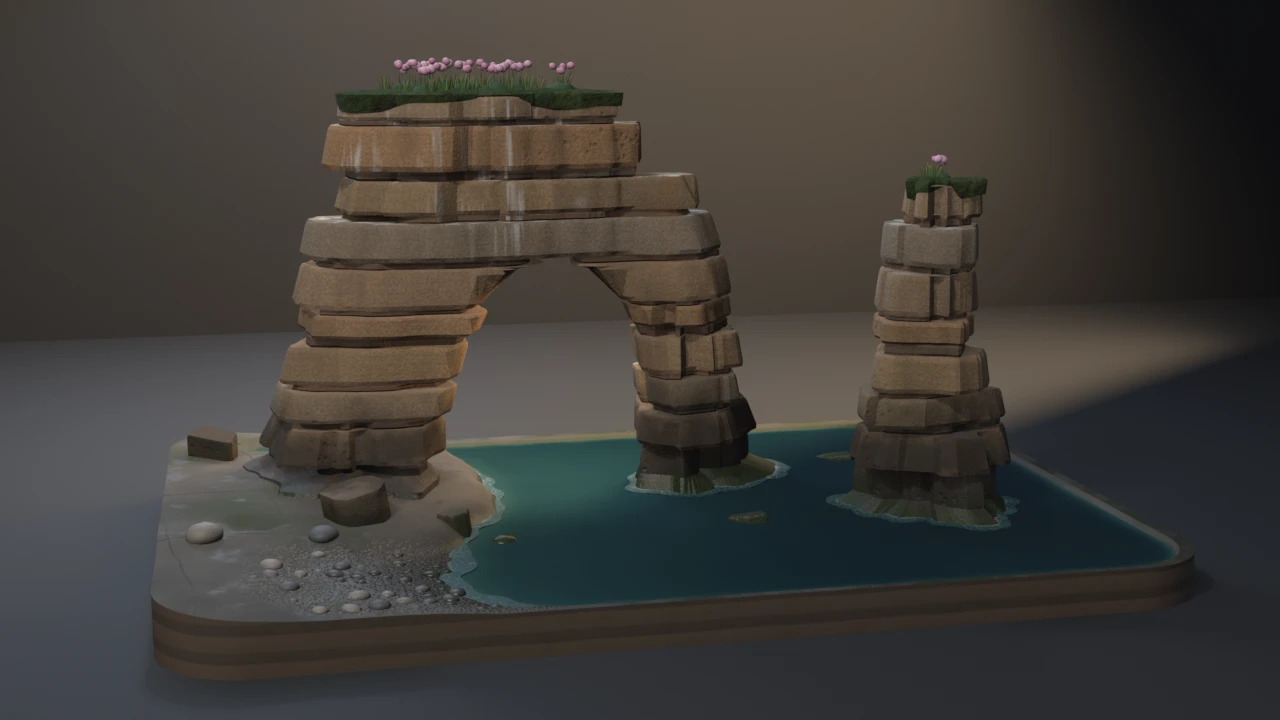 A ragged bedded sandstone sea arch and a tapering sea stack standing in a sea that fills the tile to its rim, beside a wave-cut platform and a shingle cove, with thrift on the turfed tops.
