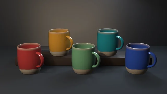 Five speckled stoneware mugs in oxblood, amber, celadon, teal and cobalt on a walnut riser, each with the same bare clay foot and wavy dip line from one shared glaze group.