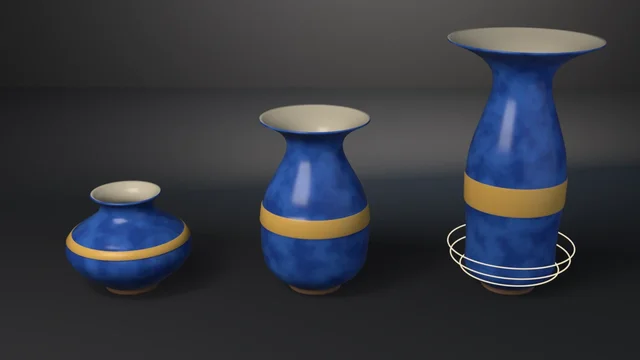 One cobalt vase with an ochre band at shape-key values 0, 0.5 and 1: squat jar, amphora, tall trumpet vase, with pale rings of the jar's belly around the tallest.