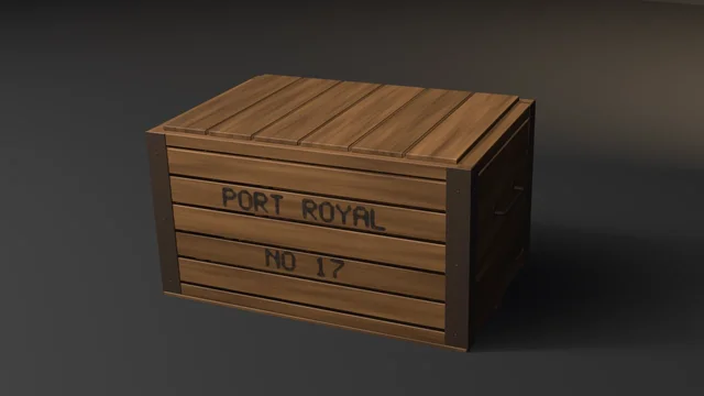 A grained wooden shipping crate in three-quarter view, PORT ROYAL and NO 17 stencilled along its side slats, with nailed iron corner straps and a bail handle on one end.