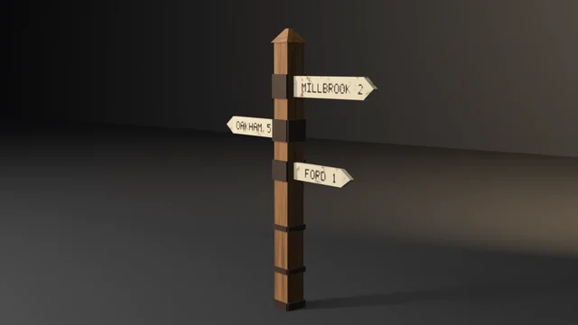 A wooden crossroads signpost with three pointed cream finger boards painted MILLBROOK 2, OAKHAM 5 and FORD 1, rusted iron collars and bands on the post.