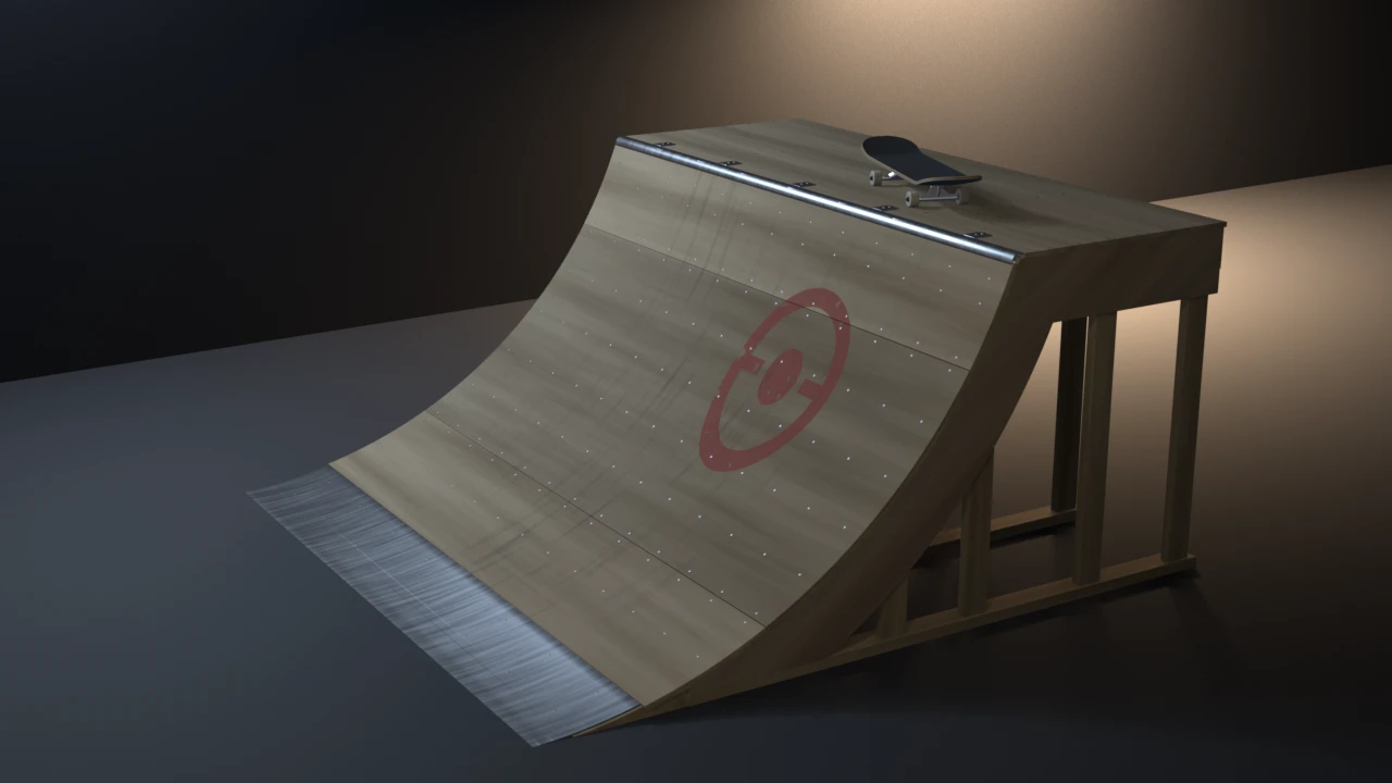 A plywood quarter-pipe with a steel coping and kicker plate, screw rows, sheet seams and a red stencilled roundel, its open side showing studs and sills, a skateboard on the deck.