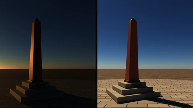 A red-granite obelisk on a paved plaza lit only by the sky: navy dusk with an orange horizon glow at sun elevation 8 degrees, bright blue midday and a short shadow at 55 degrees.