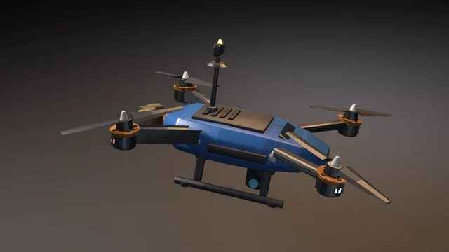 A cobalt-and-graphite survey quadcopter with carbon-weave arms hovering over a dark stage, orange mount pads ringing each rotor, with a sensor mast and belly camera pod seated on their sockets.