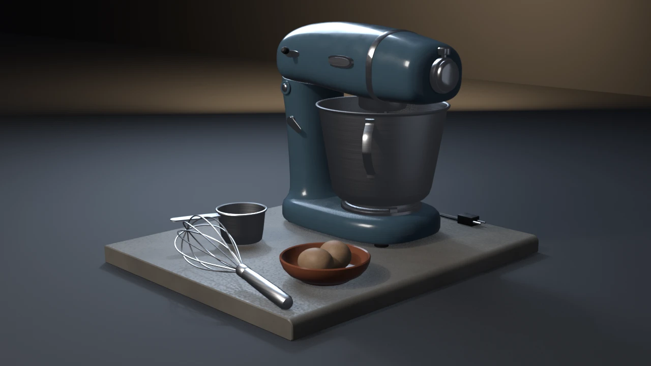 A slate-blue retro stand mixer with a chrome band and a brushed steel bowl on a stone countertop, beside a wire whisk, a steel measuring cup and two brown eggs in a terracotta dish.