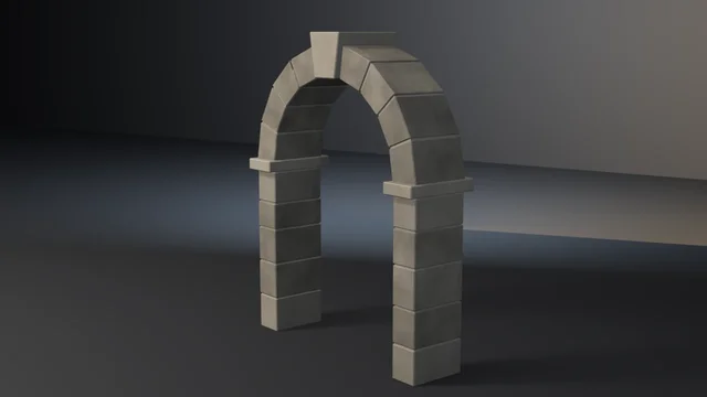 A freestanding grey stone archway of coursed piers and a semicircular arch with a keystone, laid in pale recessed mortar joints.