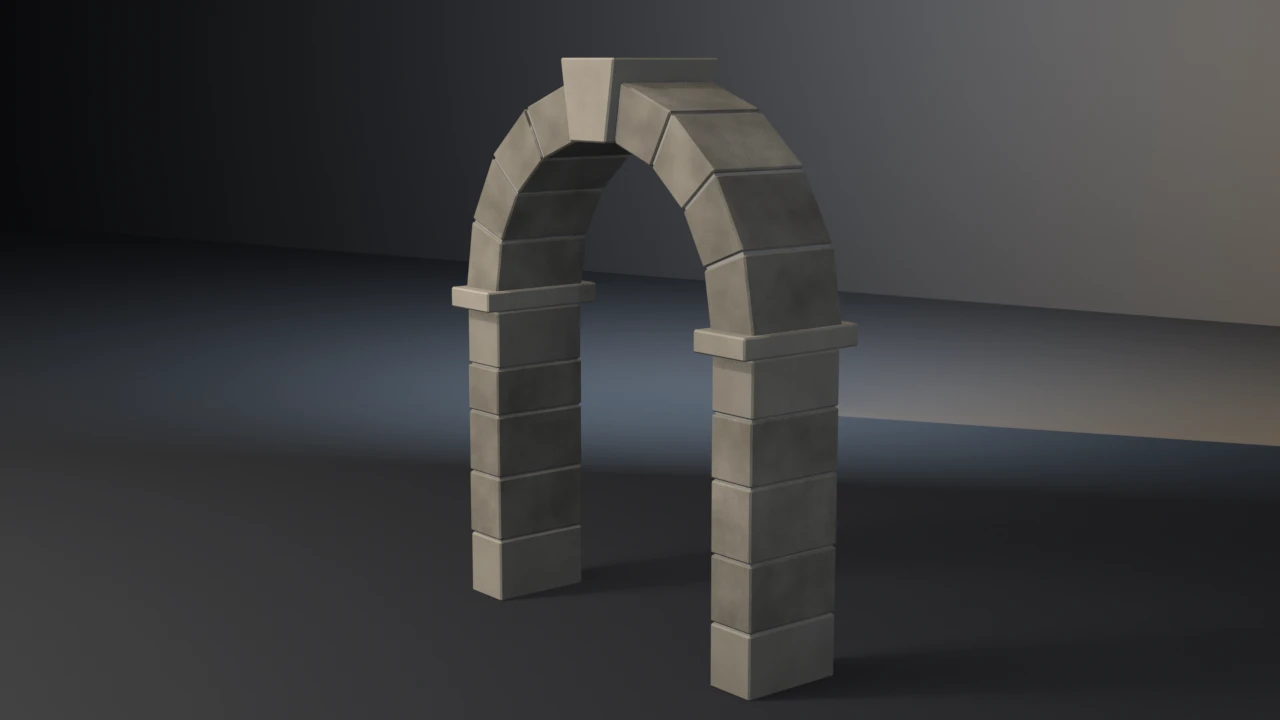 A freestanding grey stone archway of coursed piers and a semicircular arch with a keystone, laid in pale recessed mortar joints.