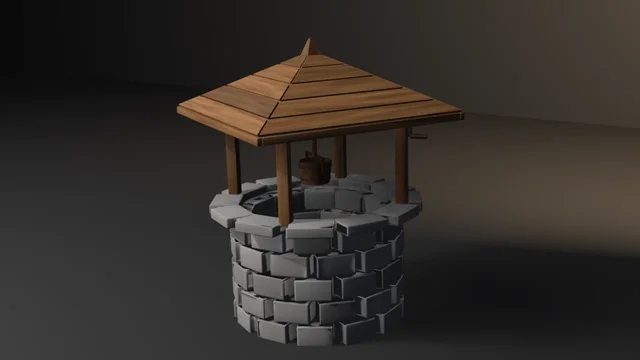 A round well of grey stones, each a slightly different shade, under a four-post grained wooden roof, with a bucket on rusted iron hoops hanging inside.